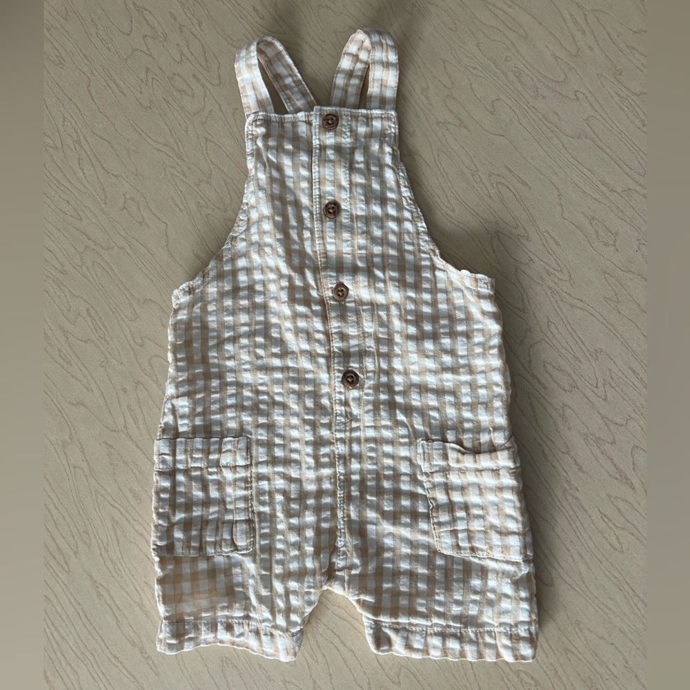 H&M Gingham Short Overalls Tan 9-12 Months